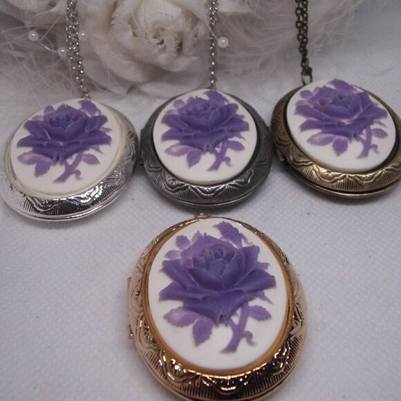 Locket Lavender & White Rose Cameo Locket Necklace - Picture 3 of 10